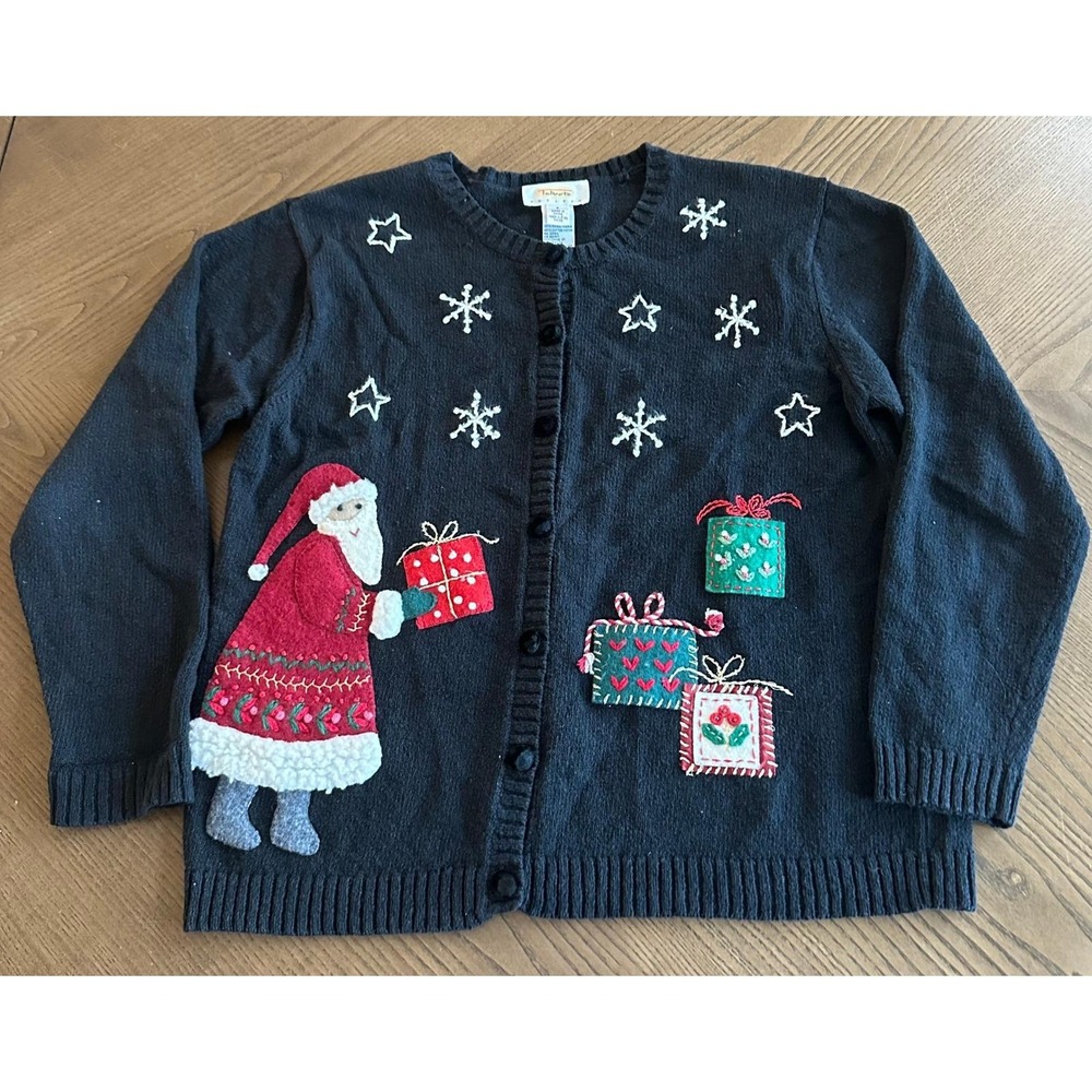 Talbots Petites Christmas Cardigan Sweater Black Santa Snowflakes Small P